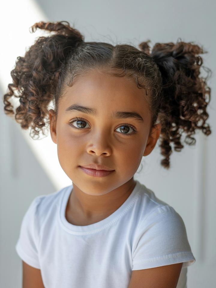 Maya — AI child model: Curly pigtails, pensive look, stylish